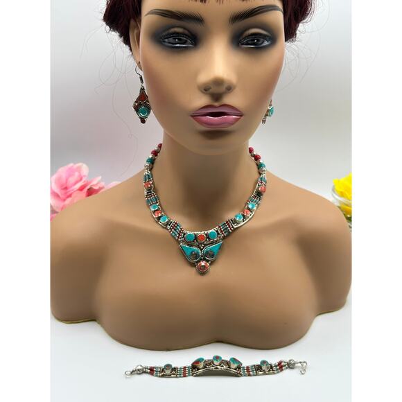 Tibetan Turquoise Coral Jewelry Set • Necklace Bracelet Earrings • Boho Artisan - Picture 1 of 6
